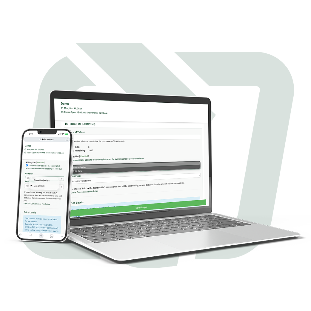 Ticketscene website on smartphone device, tablet, laptop and desktop